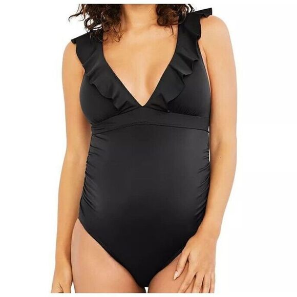 807 Motherhood Maternity Maternity Ruffled One-Piece Swimsuit BLACK sz S new - Picture 1 of 2